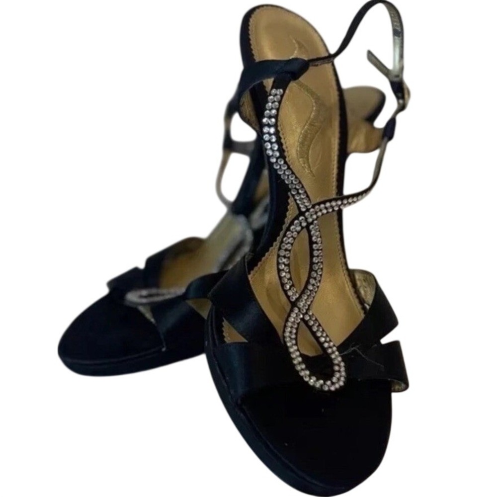 MIA Rhinestone Embellished Black Satin Ankle Strap Heels Women Dress Shoes Sz 9